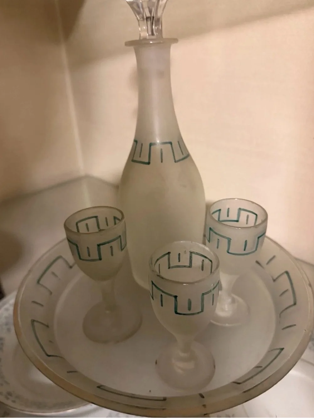 Vintage Frosted Glass Decanter Set Greek Key Tray & 3 Cordial Glasses MCM